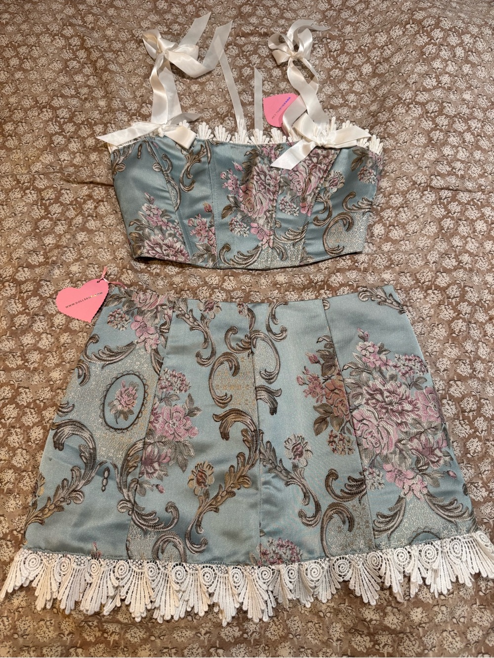 Floral Brocade Mini Skirt and Corset Ribbon Top in Light Blue with Lace Trim - Picture 2 of 5